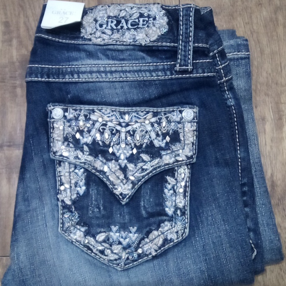 Grace in LA NWT Women's Jeans 27 Embellished Shimmer Fade Boot Cut